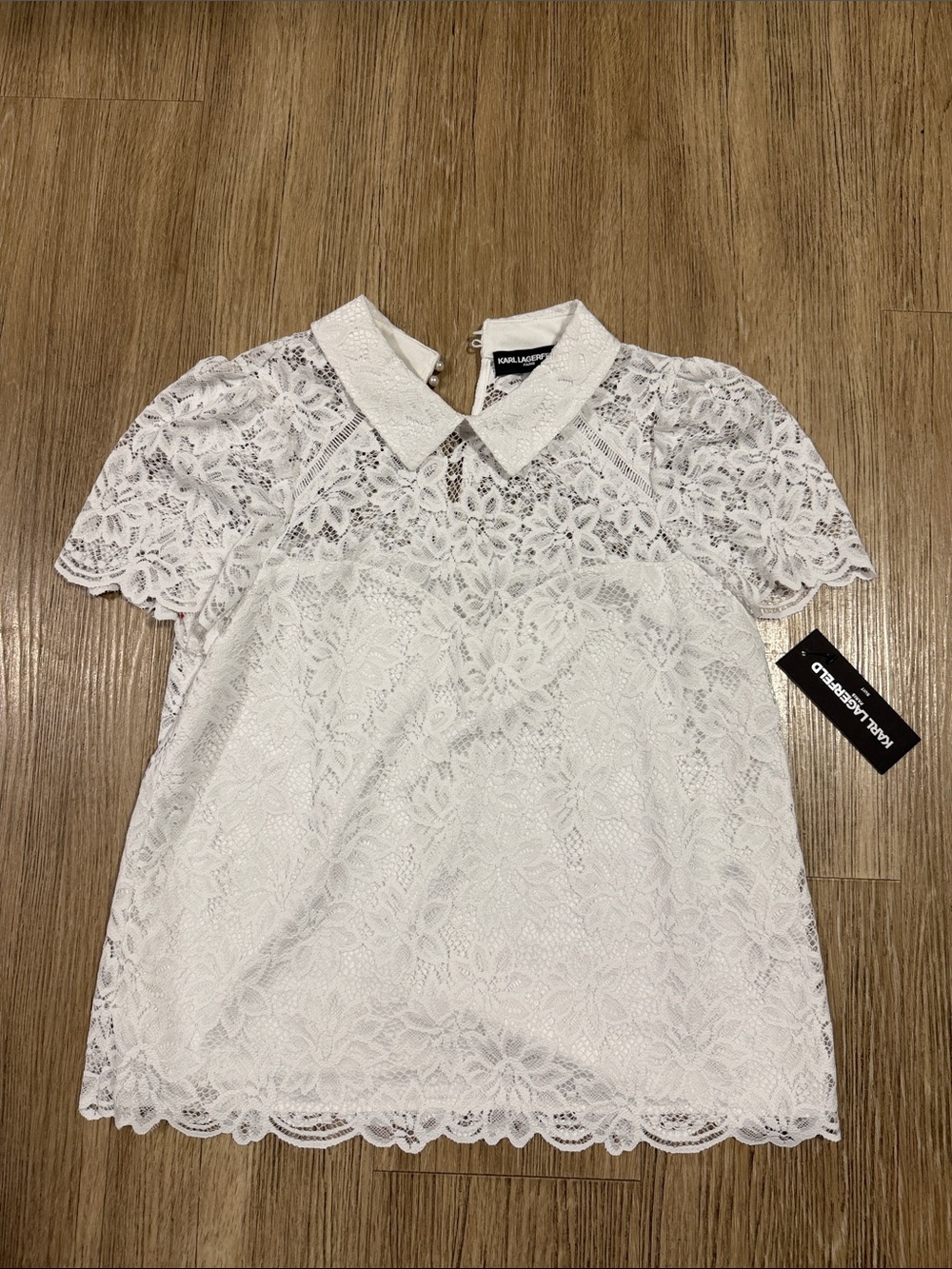 Karl Lagerfeld White Lace Short-Sleeve Peter Collar Blouse S